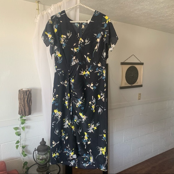 Lewit Navy Blue Floral Print 100% Silk Midi Dress - Picture 2 of 9